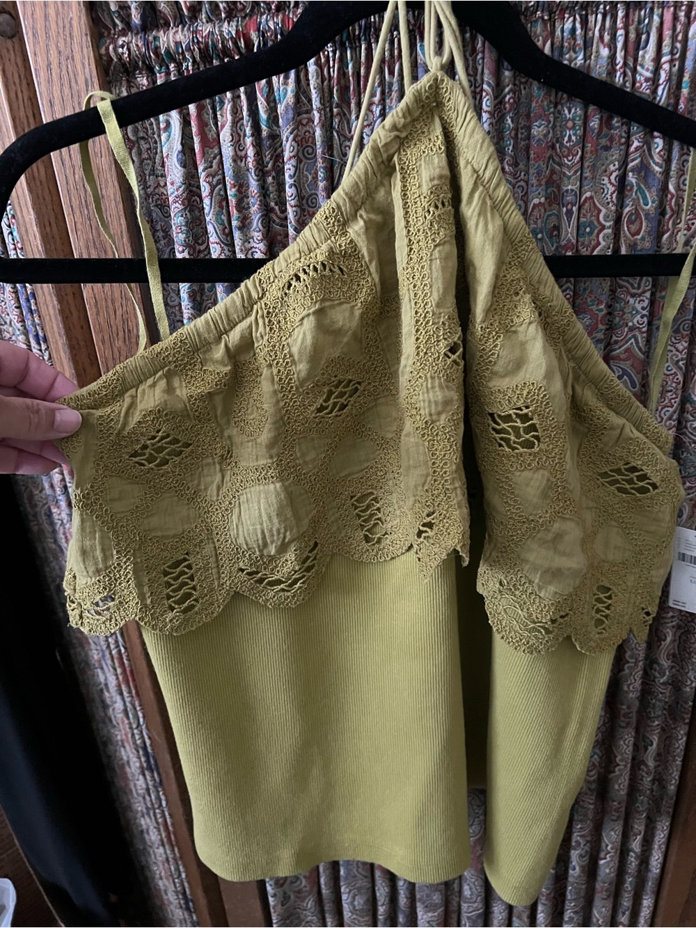 Anthropologie Crochet Cotton Lace-Trim halter top Olive Green XL - Picture 6 of 11